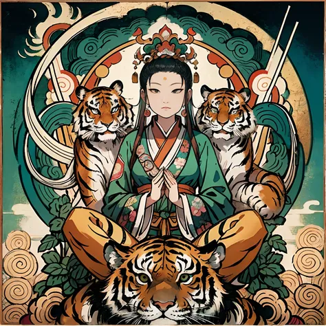 an ancient Chinese goddess, guanyin of the southern seas, Guanyin, Inspired by India, Avalokiteshvara rides a tiger，,Serene expression,shui mo hua,Buddha,Buddhist,Lotus,Chinese painting style,Thangka style