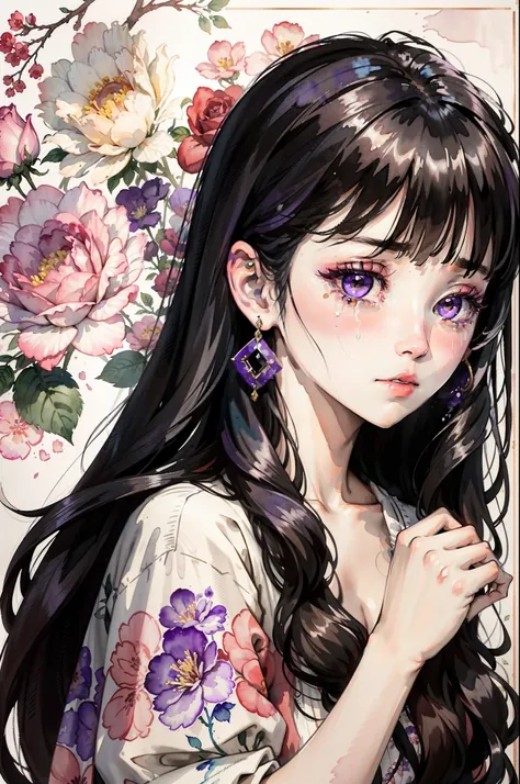 (Watercolor: 1.3), (Watercolor), Ink, A Beautiful Girl, Solo, Rose Flowers of Multiple Colors, Portrait, Leaves, Bangs, Black Hair, Long Hair, Purple Eyes, Flower Earrings, (Crying), Full Body Portrait, 4K Resolution, High Resolution, Ultra High Resolution...