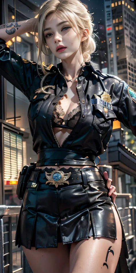 Photorealistic, high resolution, Soft light,1womanl, Solo, Hips up,Night City, (Detailed face),tattoo,ink，Police badge，Police badge，Open navel，Lace pleated skirt， jewelry, Police uniform,coiffed blonde hair