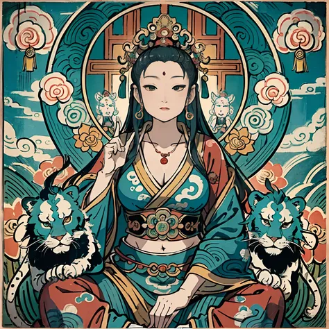 an ancient Chinese goddess, guanyin of the southern seas, Guanyin, Inspired by India, Avalokiteshvara rides a lion，,Serene expression,shui mo hua,Buddha,Buddhist,Lotus,Chinese painting style,Thangka style