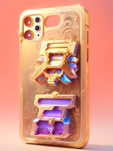 Front view of the iPhone 14:Made in boxes of 5 bismuth,adorned with [unicorn]::3 Filigree relief, rim lights,Psychedelic reflexes, Realistic