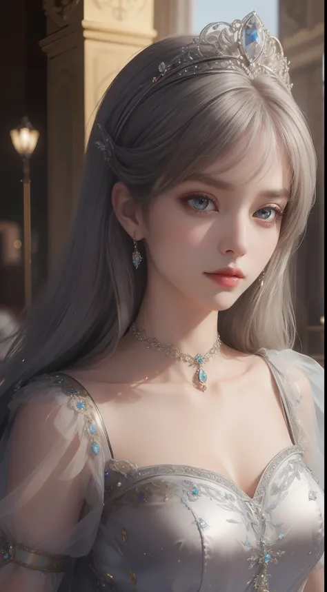 tmasterpiece，Highest image quality，Beautiful bust of a royal lady，Delicate silver hairstyle，The golden eyes are clear，Embellished with a dazzling array of intricate jewelry，super detailing，upscaled。