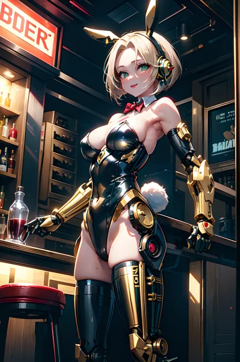 beautiful mechanical woman, solo, (half closed eyes, green eyes), (masterpiece eyes:1.3), BREAK, seductive smile, (mechanical bunny girl: 1.3), (black exoskeleton leotard: 1.3), (golden color mechanical joints, mechanical arms, mechanical legs:1.3), (expos...