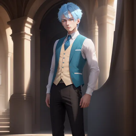 masterpiece, best quality, ultra-detailed, extremely detailed, 4K, 8K, best quality, beautiful, anime style2, full body, folding  arms, a cool boy, 1boy, solo,, vest, beautiful light blue hair, beautiful blue eyes, beautiful eyes, white-skinned, transparen...