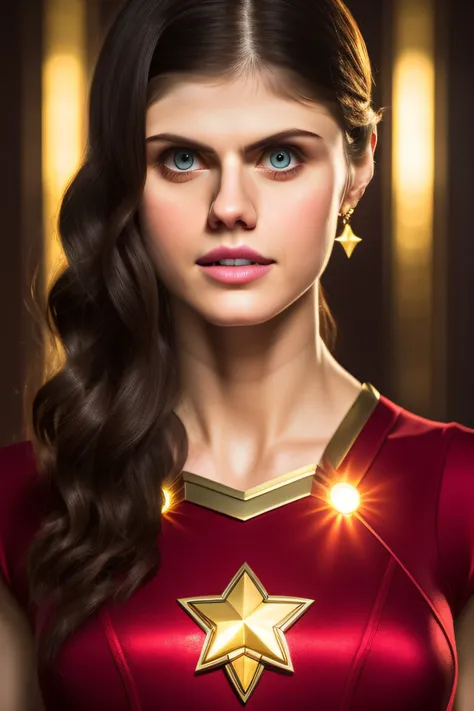 alexandra daddario as a beautiful female superheroine , green eyes brown hair, ponytail, red crop shirt, with a golden Star, wears a golden tiara on forehead with a red gem in her head , golden bracelets, long red boots, and small red shorts portrait photo...