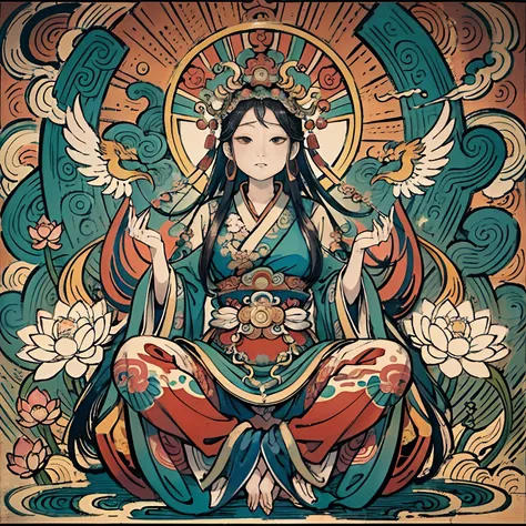 an ancient chinese goddess, guanyin of the southern seas, guanyin, inspired by india, avalokiteshvara rides a phoenix，,serene ex...