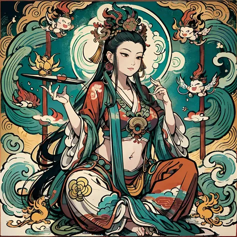 an ancient Chinese goddess, guanyin of the southern seas, Guanyin, Inspired by India, Avalokiteshvara rides a phoenix，,Serene expression,shui mo hua,Buddha,Buddhist,Lotus,Chinese painting style,Thangka style