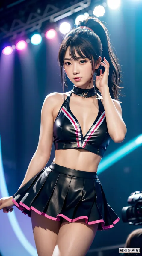 Girl is at the night rave festival、cheerleaders、pleatedskirt、Ponytail Hair、Realistic and beautiful Japan woman、18year old、（round and large chest）、perfectly proportions,The rays from the LED screen and stage are、Create cinematic lighting effects、Make the sc...