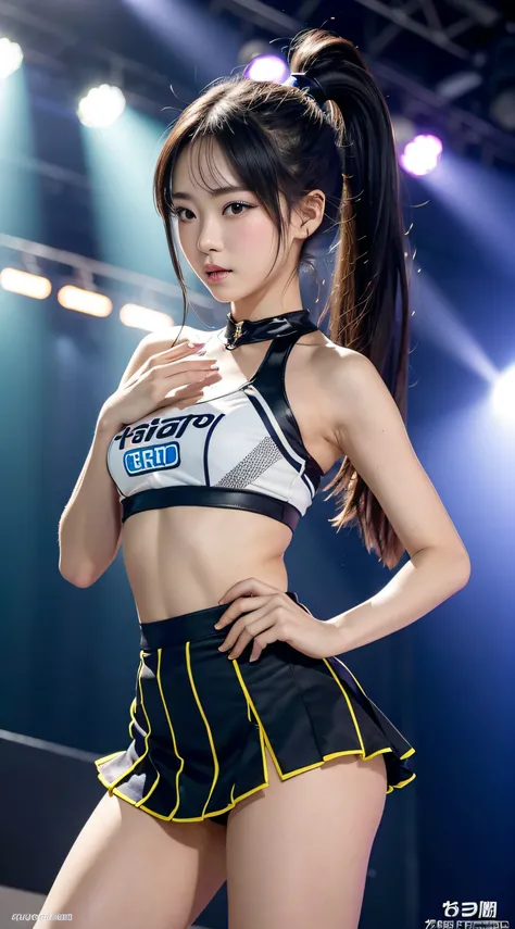 Girl is at the night rave festival、cheerleaders、pleatedskirt、Ponytail Hair、Realistic and beautiful Japan woman、18year old、（round and large chest）、perfectly proportions,The rays from the LED screen and stage are、Create cinematic lighting effects、Make the sc...