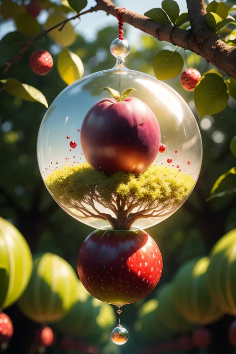 There are many fruits hanging from the trees in the yard, levitating agricultural sphere, garden with fruits on trees, contest winning masterpiece, professional fruit photography, Masterpiece works of art, author：Jan Rustham, an alien fruit, look from down...