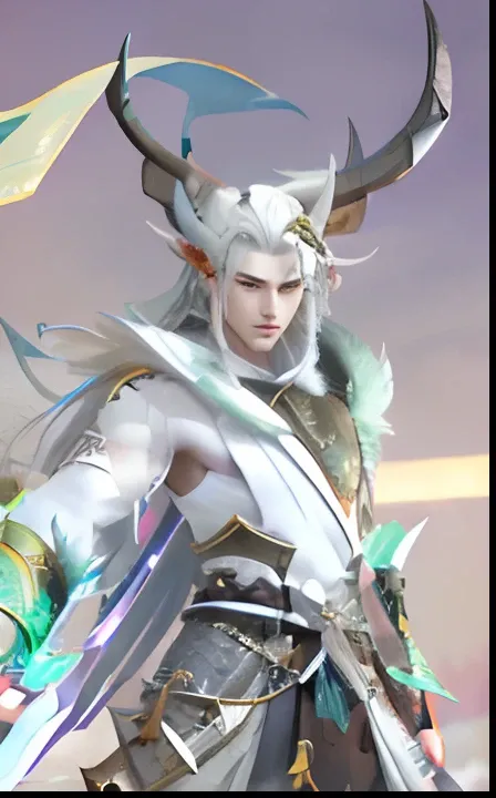 A close-up of a man with a sword and a horned head, Inspired by Huang Shen, heise jinyao, fit male demon with white horns, Keqing from Genshin Impact, silvery skinned male elf, white horns queen demon, zhongli from genshin impact, white-haired god, male dj...