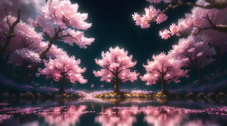 Crystal Spring Blossom、, Fantasia、intergalactic、cleanness、, glinting、Shines、magnifica、colourfull、, magical photography, Dramatic Lighting, photorealisim, The ultra-detailliert, depth of fields, hight resolution, a river, There are many rows of cherry bloss...