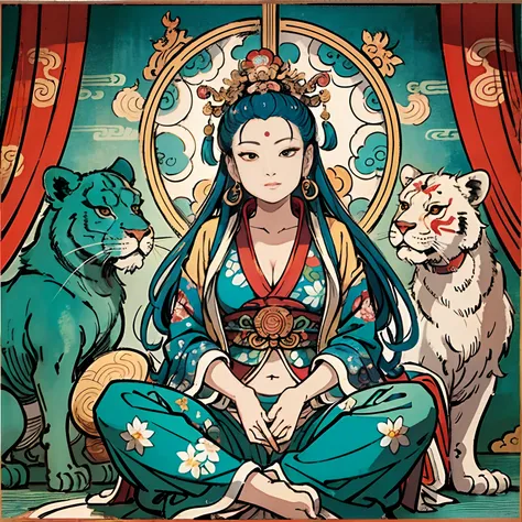 an ancient Chinese goddess, guanyin of the southern seas, Guanyin, Inspired by India, Avalokiteshvara rides a lion，,Serene expression,shui mo hua,Buddha,Buddhist,Lotus,Chinese painting style,Thangka style