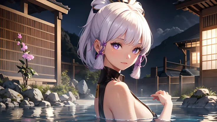 1girl, white hair, purple eyes, portrait, realistic, towel, (onsen), sidelighting, wallpaper, nsfw,Black clothes