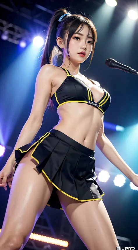 Girl is at the night rave festival、cheerleaders、pleatedskirt、Ponytail hair、Realistic and beautiful Japan woman、18year old、（round and large chest）、perfectly proportions,The rays from the LED screen and stage are、Create cinematic lighting effects、Make the sc...