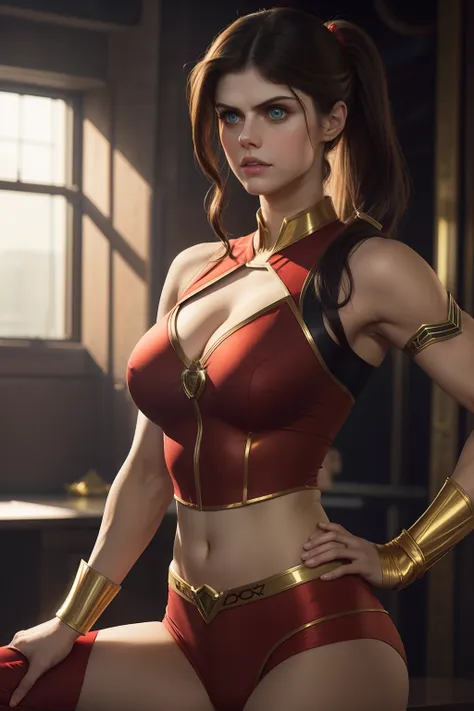 alexandra daddario as a beautiful female superheroine , green eyes brown hair, ponytail, red crop shirt, with a golden star, wea...