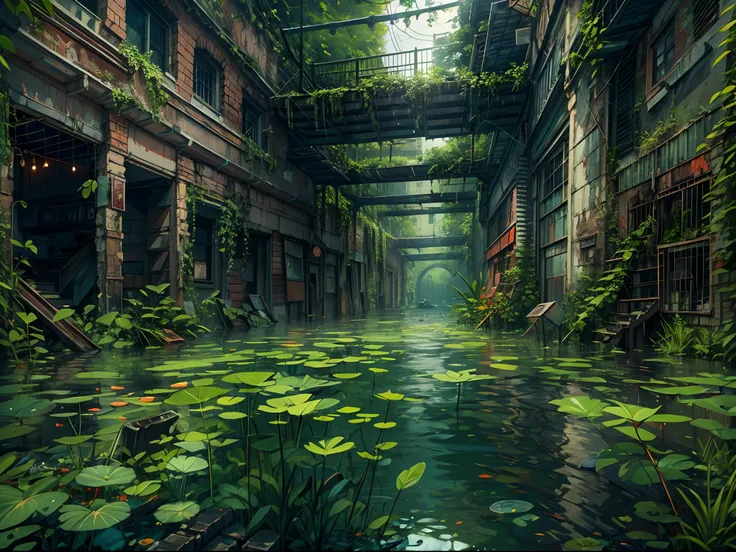 "An eerie, post-apocalyptic cityscape with dilapidated buildings, flooded streets, and nature reclaiming its territory. The city partially submerged, creating a surreal scene with underwater plant."