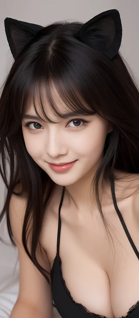 (realistic, high resolution:1.3), (upper body, close up), 1 girl with perfect figure, super fine face and eyes, black hair, long hair, cat costume, bed, sitting, (big breasts), smile, cleavage, sexy