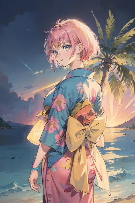 (masutepiece), (Best Quality), Cinematic, Original, 1girl in, Solo, (Cowboy Shot), Chic, Short sleeve, flowery kimono, neon color, Vibrant colors, Vaporwave, (Pink) (yellow) (Blue), Short hair, brightly colored hair, Realistic short hair, tilted head, Look...