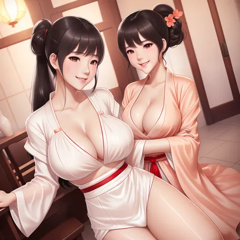 1girl,he tall,short ponytail wet black hair,super big breast,(P cup),age 17,happy and smile very detailed face,long white hanfu outfit,full body,red peach lips,her nose and cheek was red,in riverside