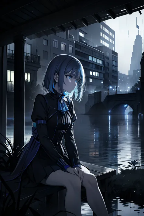 phblue, scenery, no humans, landscape, (masterpiece,best quality:1.4), blue theme, city, dusk, 1girl, rain,, close up,darkly，eventide，Solitude