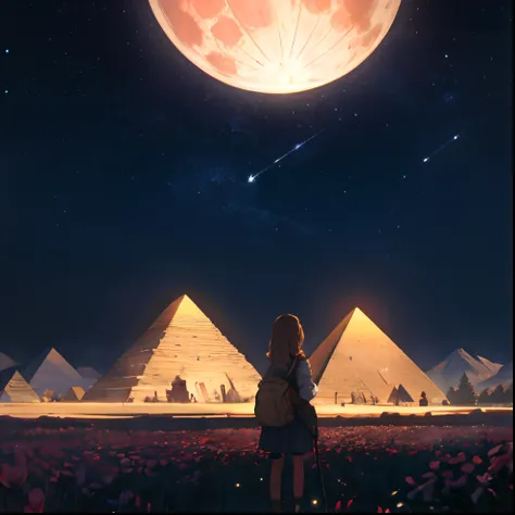 Vast landscape photos、Past awards（View from below with a view of the sky and the wilderness below）、Egyptian girl standing in a flower field and looking up、（fullmoon：1.2）、（shooting stars：0.9）、（nebulas：1.3）、mountain in the distance、Tree BREAK Production Art、...