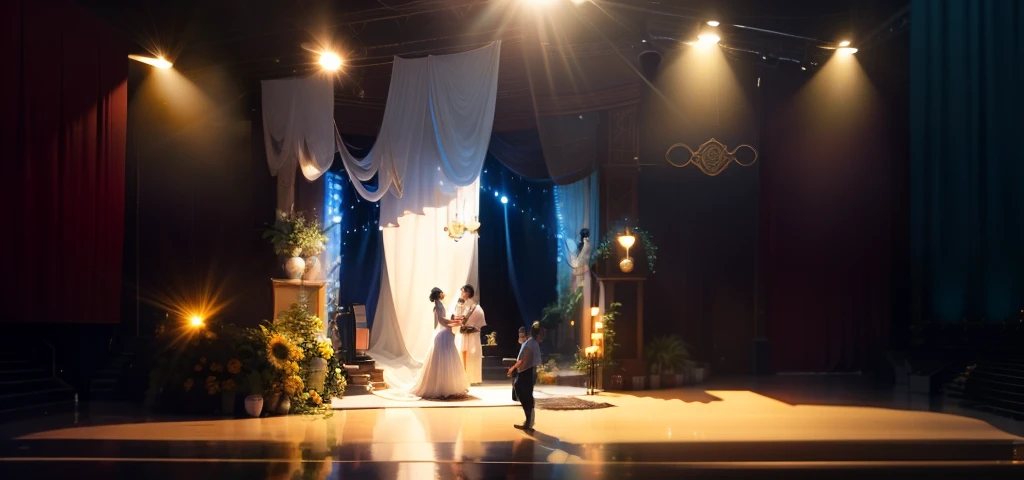 The background of the wedding stage is a vast starry sky，The stars twinkle with a warm glow。In the center of the stage is a large, realistic whale sculpture，It opens its wide mouth，It is as if every guest is welcomed。The details on the whale come to life，I...