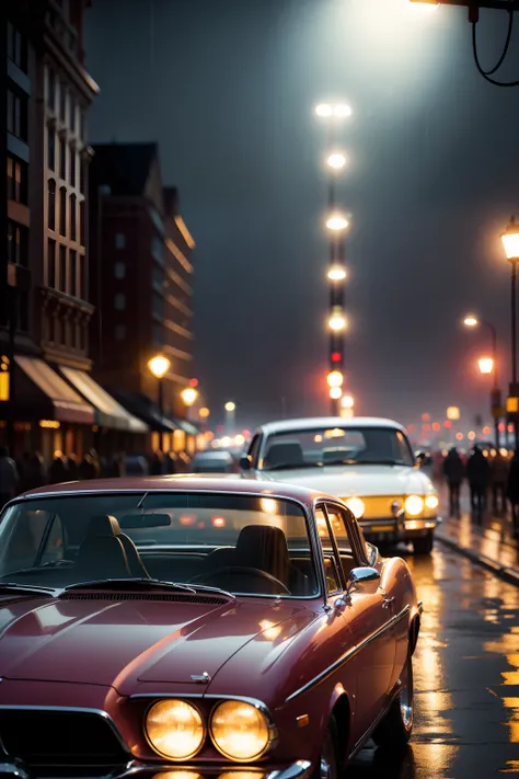 classic car  in a night light up city lights glowing in the rain