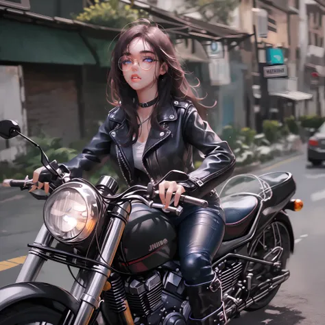 One girl riding a motorcycle、(Cool face、Cool eyes、boots、JINS、Leather Jean、Lunette de soleil)、8K、Real Texture、High Quality