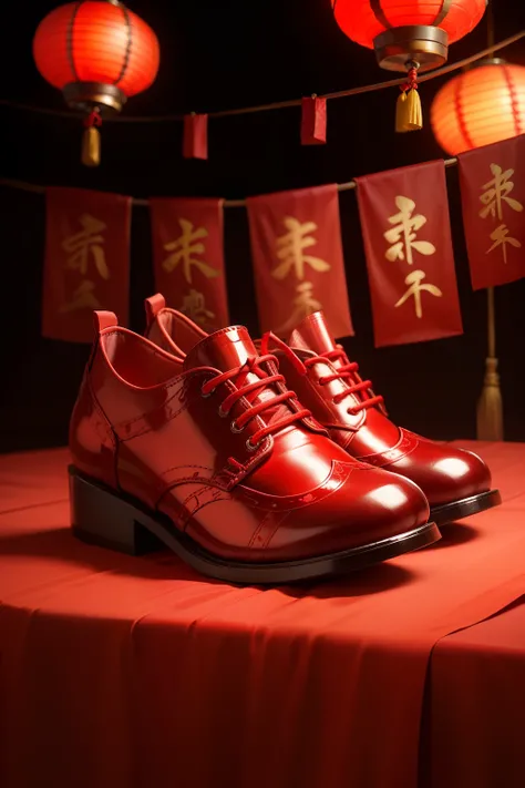 Red Chinese ethnic style childrens shoes are placed on the red cloth of the table，Traditional Chinese red lantern background，There are a few candies next to the shoes，Neatly folded red clothes，Close-up shot，Festive atmosphere