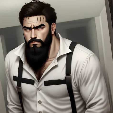 Sick and thin，A little hunchbacked，White eyebrows，brunette color hair，Black whites of the eyes，Glassy eyes，Narrow eyebrows，Cream raw，schoolboy，Black beard