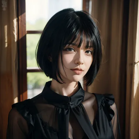 (masterpiece), 1woman, gotic, goth, black hair, Curtain Bangs and  Haircut, smirk face, crazy, realistic