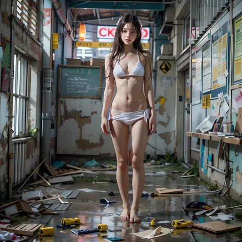 Abandoned schools，Sexy standing pose，Full body portrait 1.1，18 years old girls，Random exposure of white transparent bikini，The barefoot，Random whole-body nudity，Nudity extreme exhibitionism，Random exposure of genitals