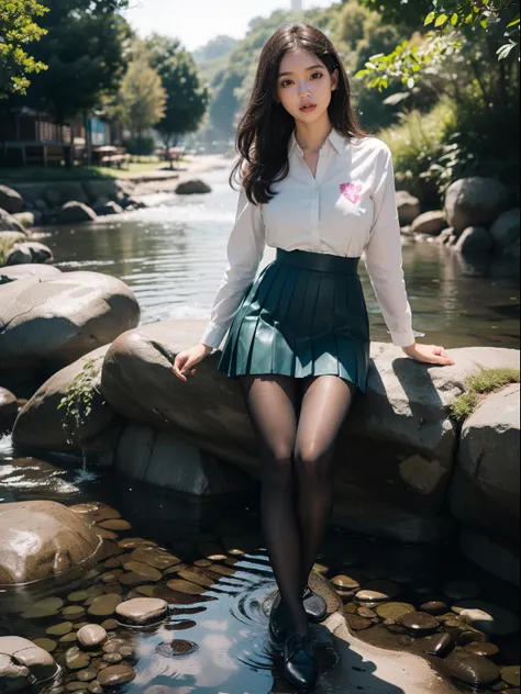 (full body:2)，(1girl:1.3),(view the viewer:1.4)，(anatomy correct:1.45),(Sitting by the creek, Make a heart to heart gesture with both hands:1.35),(Extremely thick printed pantyhose:1.4),(A mature and sensual woman Wear printed fantasy colorful JK student u...