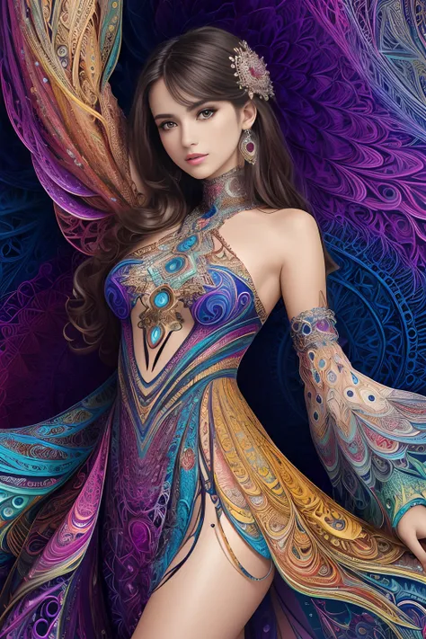 "(tmasterpiece, HighestQuali, Top quality, offcial art, Beautiful and aesthetic:1.2), (A girl:1.3), extremely detaile,(s fractal art:1.2), Colorful, highest details,(zentangle:1.2), (Dynamic gesture), (abstract backgrounds:1.5), (shift dresses:1.2), (Shiny...