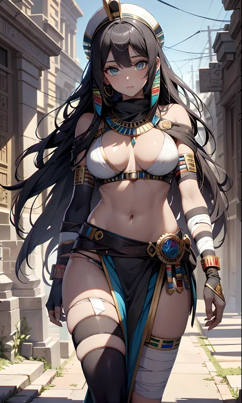 best qualityer，tmasterpiece，Ultimate resolution，downy，Extremely colorful，Colorful，Ancient Egyptian mummy beauty，Beautiful woman wrapped in bandages，Bandages all over the body，bandagens，dont have clothes，Normal posture