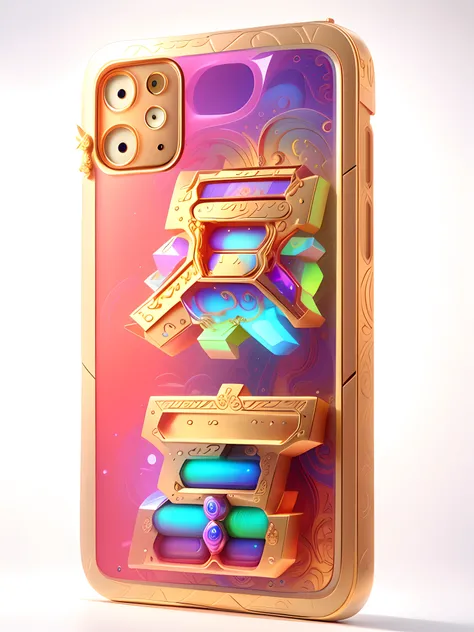 Front view of the iPhone 14:Made in a 5-bismuth box,adorned with [unicorn]::3 Filigree relief, rim lights,Psychedelic reflexes, Realistic