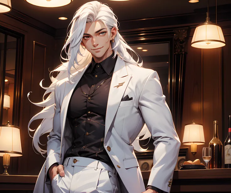 (absurdres, highres, ultra detailed), 1 male, adult, handsome, tall, long white hair, finely detailed white eyes and detailed face, white suit, smile, indoors, jazz club, studio lighting, 8k resolution