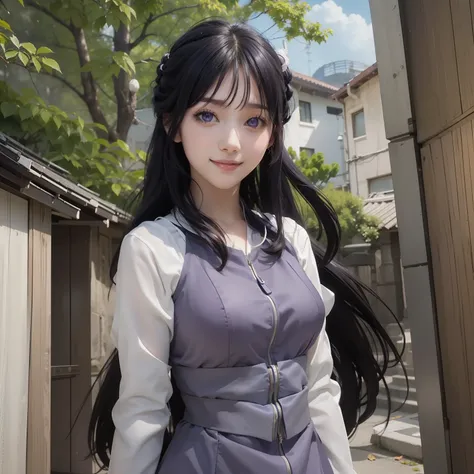 1girl, hyuga hinata, long hair, sexy dress, black hair, white eyes, smile, beautiful, purple and white clothes, very big breast, sexy clothes, outdoor background, ultra detail, realistic