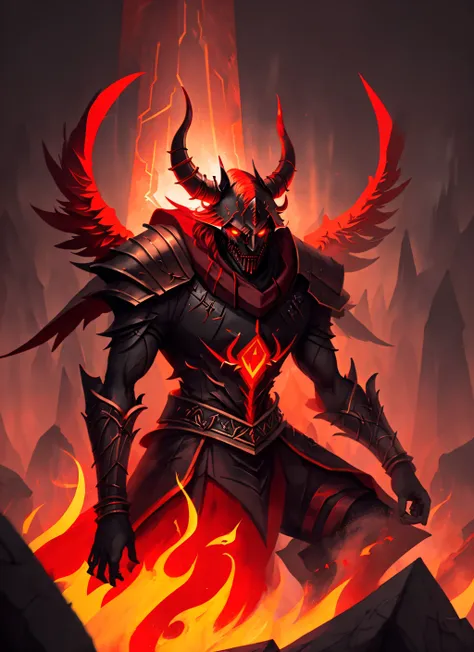 Sameal the King of Demons, male, glowing red pupils, demon horns, evil grin, wearing black and red heavy steel armor, fighting stance, bloody feathered wings, ruling the central pits of hell BREAK masterpiece illustration portrait, Dantes Inferno backgroun...