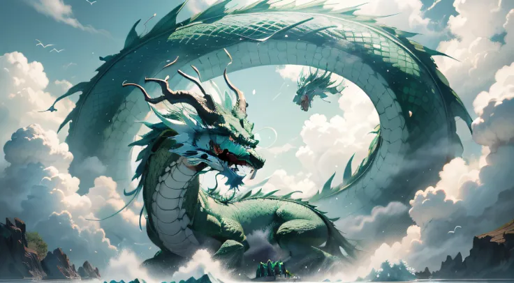 1 green Chinese dragon hovering in the clouds，Open mouth，dentes pontiagudos，Shining horns，The scales are clearly visible，Long body，Stout limbs，Below the clouds is the sea