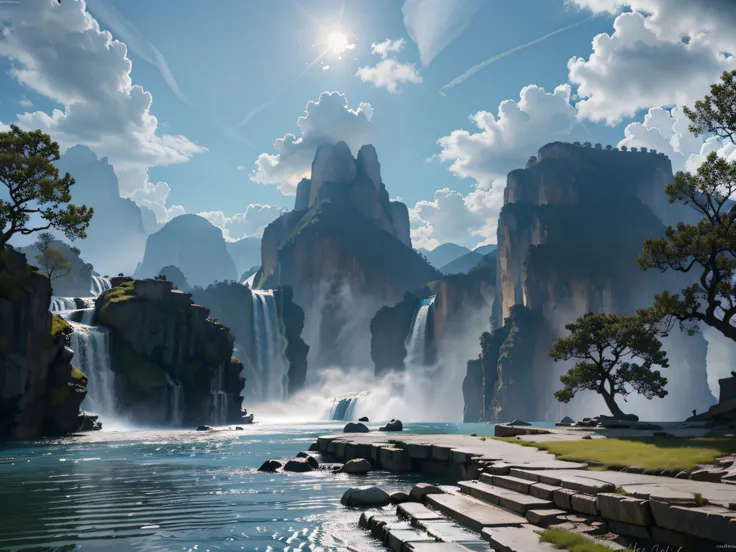 Masterpiece, best quality, high quality, extremely detailed CG unity 8k wallpaper, landscape, outdoor, sky, cloud, sky, no humans, mountain, landscape, water, tree, blue sky, waterfall, cliff, nature, lake, river , cloudy skies, award winning photography, ...