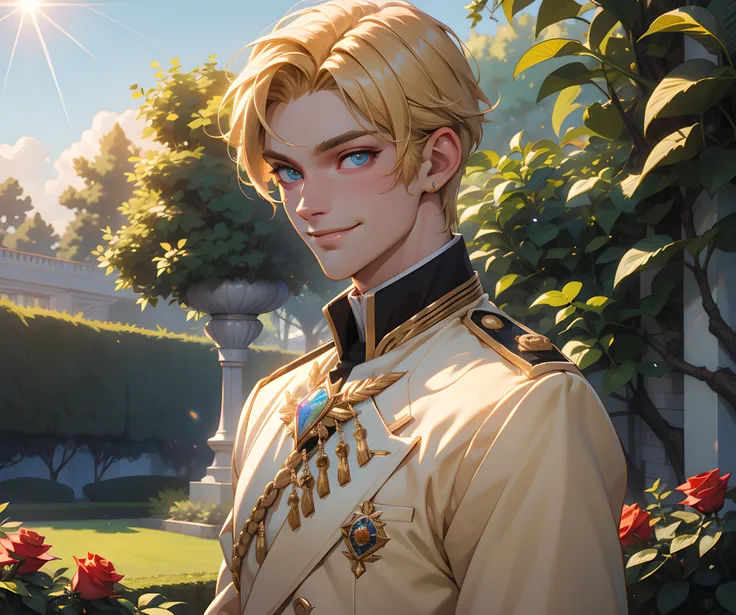 (absurdres, highres, ultra detailed), 1 male, adult, handsome, tall, blonde hair, finely detailed opal eyes and detailed face, prince uniform, smile, outdoors, palace rose garden, sunlight, 8k resolution