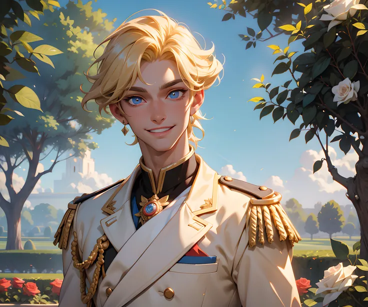 (absurdres, highres, ultra detailed), 1 male, adult, handsome, tall, blonde hair, finely detailed opal eyes and detailed face, prince uniform, smile, outdoors, palace rose garden, sunlight, 8k resolution