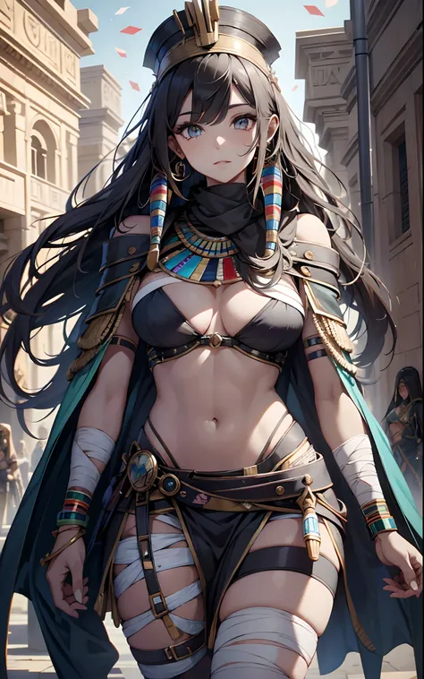 best qualityer，tmasterpiece，Ultimate resolution，downy，Extremely colorful，Colorful，Ancient Egyptian mummy beauty，Beautiful woman wrapped in bandages，Bandages all over the body，bandagens，dont have clothes，Normal posture