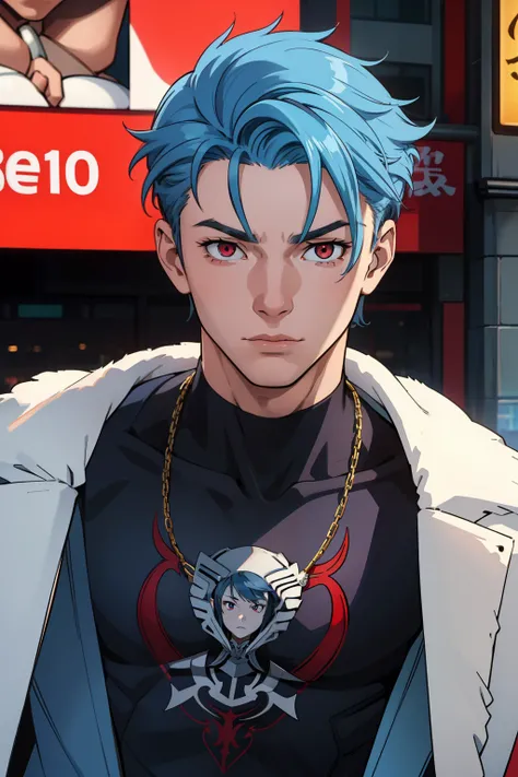 "Muscular 25-year-old male with intricate facial features, sporting light blue hair styled up and captivating red eyes, dressed fashionably in trendy attire, set against the vibrant backdrop of Shibuya."