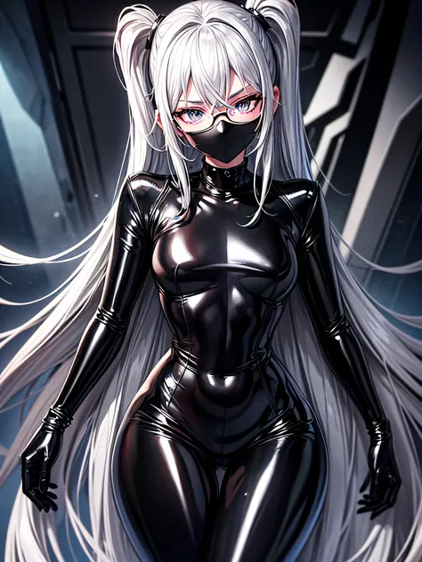 5 8K UHD、Silver-haired and small-nosed beauty in a black shiny black full-body rider suit wearing glasses sits with her crotch open、Wearing a shiny black latex slider suit with hidden skin、Shiny black latex slider suit、Expressionless and condescending beau...