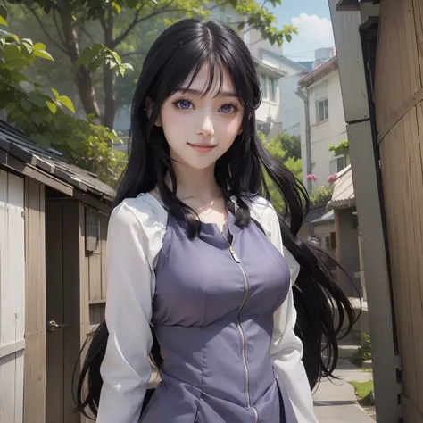 1girl, hyuga hinata, long hair, sexy dress, black hair, white eyes, smile, beautiful, purple and white clothes, very big breast, sexy clothes, outdoor background, ultra detail, realistic