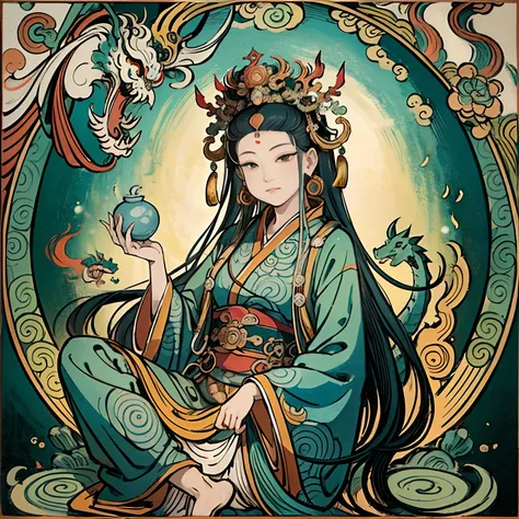 an ancient Chinese goddess, guanyin of the southern seas, Guanyin, Inspired by India, Avalokiteshvara rides a dragon，,Serene expression,shui mo hua,Buddha,Buddhist,Lotus,Chinese painting style,Thangka style