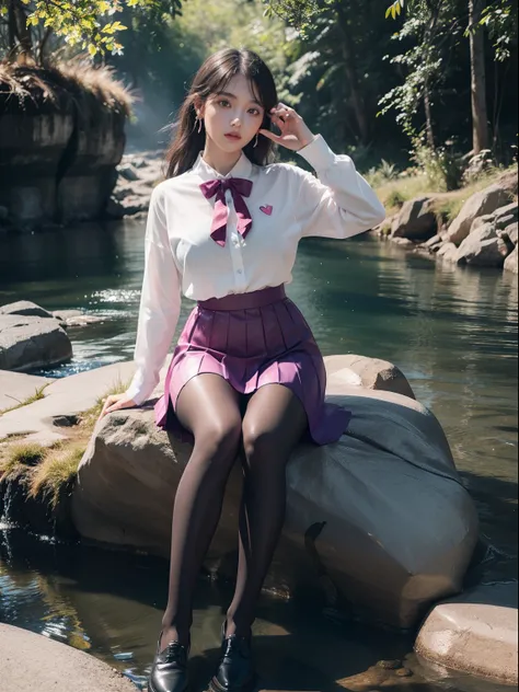 (full body:2)，(1girl:1.3),(view the viewer:1.4)，(anatomy correct:1.45),(Sitting by the creek, Make a heart to heart gesture with both hands:1.35),(Reflective carbon fiber pantyhose:1.4),(A mature and sensual woman Wear printed fantasy colorful JK student u...